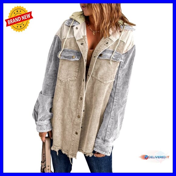 Jackets & Blazers - Corduroy Shacket Jacket Oversized Chic Button Down Hooded Coat with Pockets